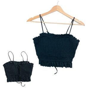 Decree Smocked Bandeau Crop Top Bikini Top in Black Lace Up Back Size Medium